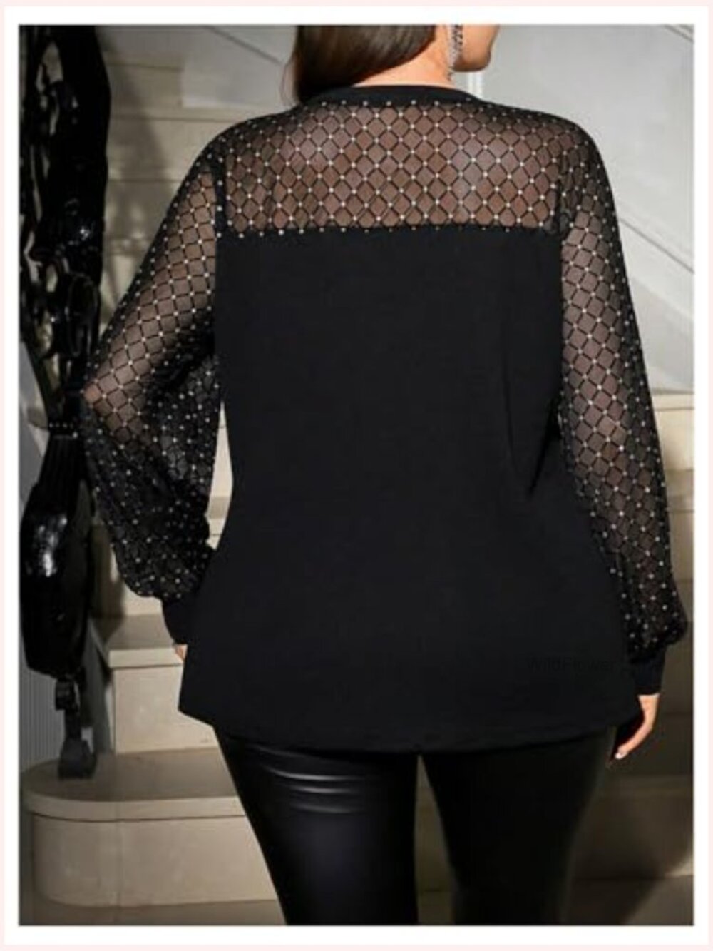 Plus Size Sequin Mesh Patchwork Long Sleeve Blouse Tops View 2